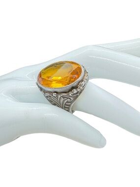 Vintage Unisex Art Deco Sterling & Topaz Uranium Glass Ring